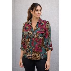 Klareli Button Front Blouse Medium Peacock Feather Leopard Print Top Womans